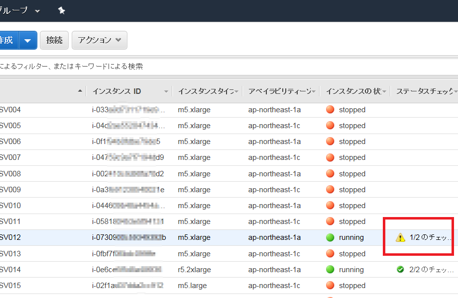 Awsのec2ステータスチェックで1 2の意味は ビックリマークの警告マーク Puti Se Blog